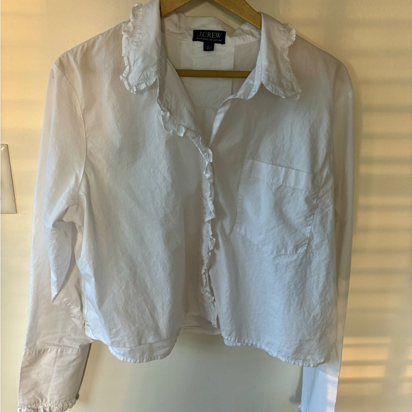 J. Crew Regenerative Cotton Cropped Ruffle Oxford Button Down Blouse Large - Picture 10 of 13